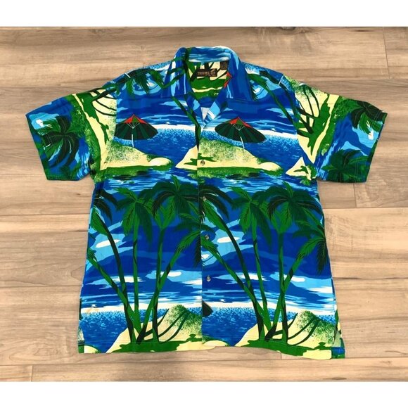 THUMBS UP FOR HIM Blue Aloha Hawaiian Shirt Palm Trees Beach Island L - Picture 1 of 9